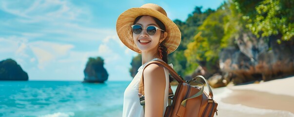 Girl in summer clothes having fun at the beach, concept of happy young people girl enjoying the outdoor leisure activity on vacation holidays