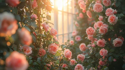 Foto op Aluminium   A window frames a bush of pink roses with sunlight filtering through their leaves and petals © Nadia