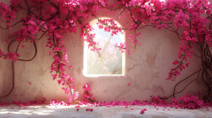   A room adorned with pink-flowered walls, mirrored reflection, and light streaming in from the window