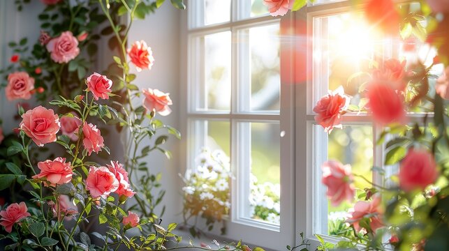   A sunny day features a window brimming with pink blooms, accompanied by a lush green plant overflowing with similar rosy blossoms