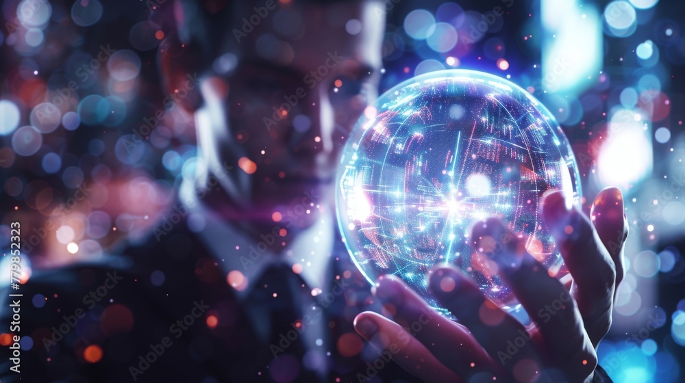 Poster Digital sphere 3D rendering of a businessman on holograms on a blurred background.