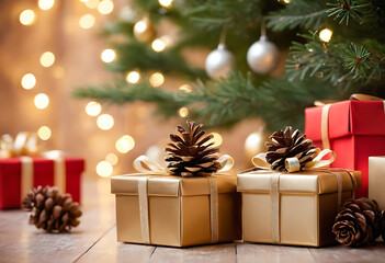 Christmas gift boxes and pinecones, bokeh blur Xmas tree background, celebration time, happy new...