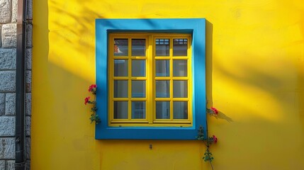 Fototapeta na wymiar A yellow building, its side adorned with a blue-and-yellow window Red flowers bloom on the window sill