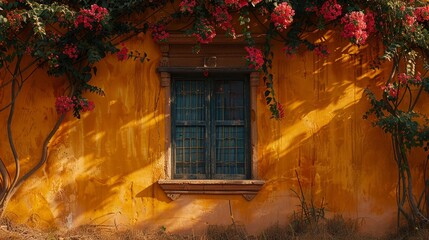   A yellow building with a blue window, red flowers along its side, and a wooden bench before the window