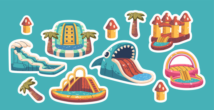 Vector Stickers Set Of Inflatable Slides With Pools. Large, Cartoon Air-filled Structures Designed For Bouncing Sliding
