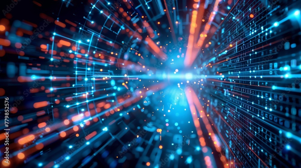 Poster Background transmission channel for digital data. Data flow motion. Big-data transfer. Data storage and management.
