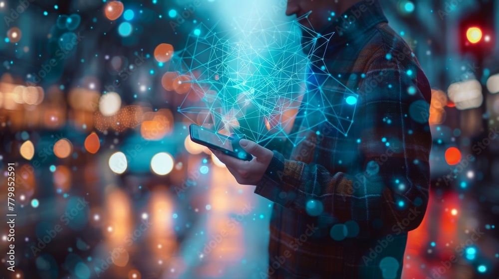 Poster The 3D rendering shows a businessman connecting tech devices to each other on a blurred background