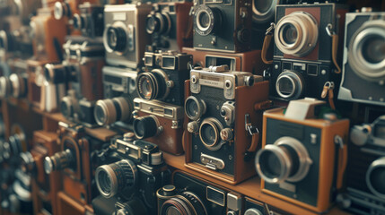 A collection of vintage film cameras, each with its own unique design