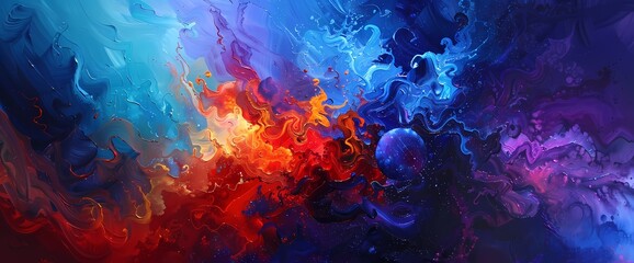 Radiant coral and cobalt blue dance in a cosmic ballet of abstract color and vibrancy.