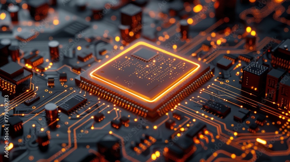 Poster 3D representation of a processor chip on a circuit board with microchips and other computer components