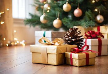 Fototapeta na wymiar Christmas gift boxes and pinecones, bokeh blur Xmas tree background, celebration time, happy new year party