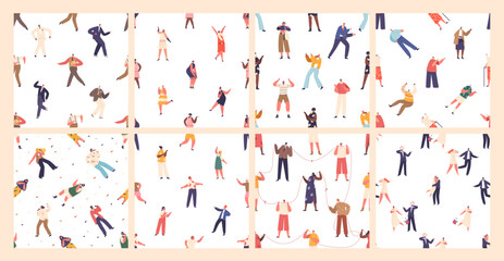 Seamless Patterns or Tiles Set Featuring Diverse Characters. People Connected By A Colorful Thread, Singing Karaoke - 779852788