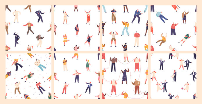 Seamless Patterns or Tiles Set Featuring Diverse Characters. People Connected By A Colorful Thread, Singing Karaoke