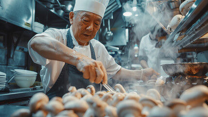 an elderly asian cook roasts mushrooms in the kitchen of the restaurant. Favorite job