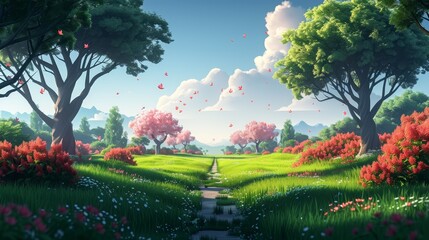  trees and flowers populate the foreground; a winding pathway ascends toward the sky