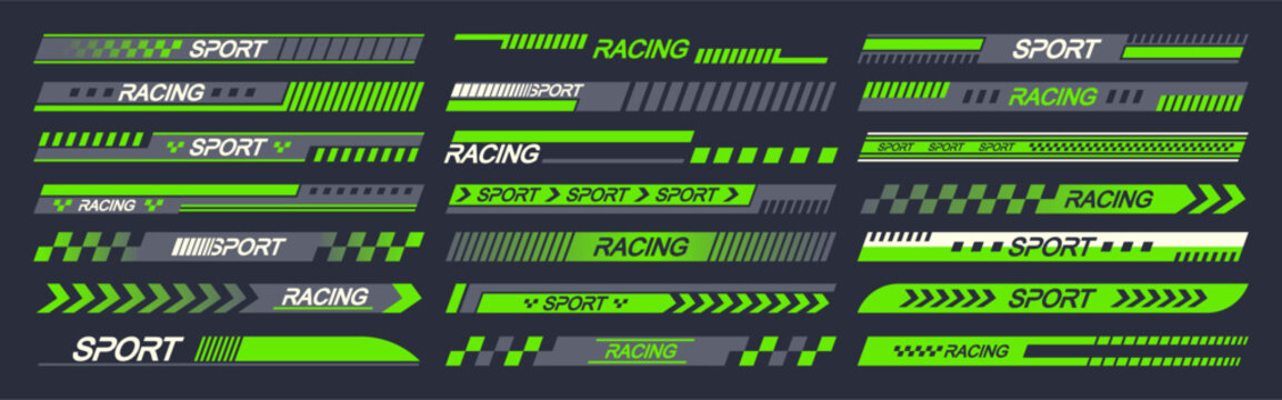 Green And Black Sports Car Stickers Vector Designs, Symbolizing Speed And Racing. Automotive Icons Like Stripes