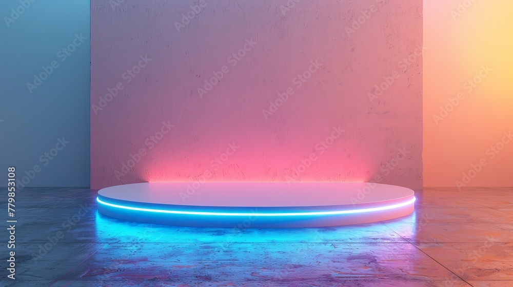 Poster this is a 3d rendering of a blank product stand with neon lights on a pastel blue and white backgrou