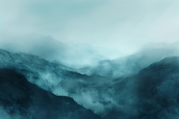 Atmospheric fog rolling over hills, ethereal, panoramic, nature , illustration - obrazy, fototapety, plakaty