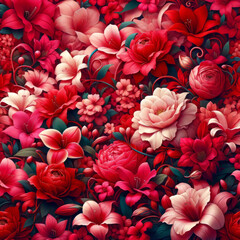 A lush tapestry of red and pink flowers in full bloom.