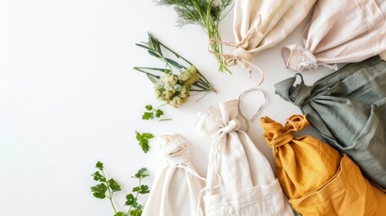 Eco-friendly reusable produce bags with fresh herbs on a light background