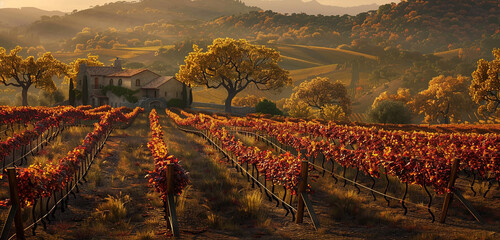 A vineyard in the fall, with rows of grapevines turning gold and red, a quaint farmhouse in the background. 32k, full ultra hd, high resolution - obrazy, fototapety, plakaty