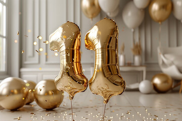 Birthday poster at the age of 11. 11th anniversary. Balloons on the background of inflatable numbers 11. birthday decoration with balloons