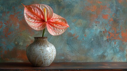   A white vase holds a pink flower on a weathered wooden table, situated in front of a blue-green wall - obrazy, fototapety, plakaty