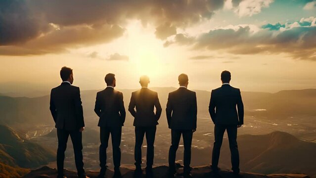 Silhouette of business team stand and feel happy on the most hight at stand on sunset, success, leader, teamwork, target, Aim, confident, achievement, goal, on plan, finish