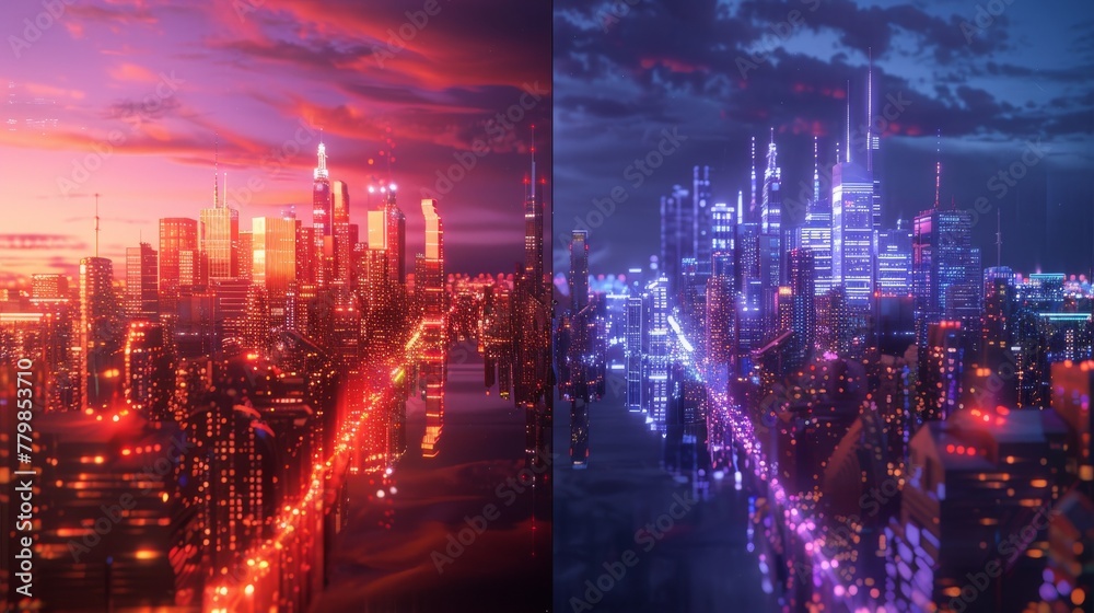 Aufkleber Concepts for a techno mega city; urban and futuristic technology, original 3D render.
