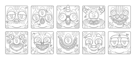 Square Linear Monochrome Icons, Avatars or Emojis Of Cartoon Monster Face Character Feature Exaggerated Eyes