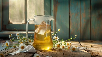 a tea bag floating in a large liter transparent jug. chamomile flowers lie around the pot on the rustic wooden counter - obrazy, fototapety, plakaty