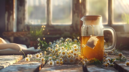 a tea bag floating in a large liter transparent jug. chamomile flowers lie around the pot on the rustic wooden counter