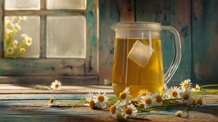 a tea bag floating in a large liter transparent jug. chamomile flowers lie around the pot on the rustic wooden counter