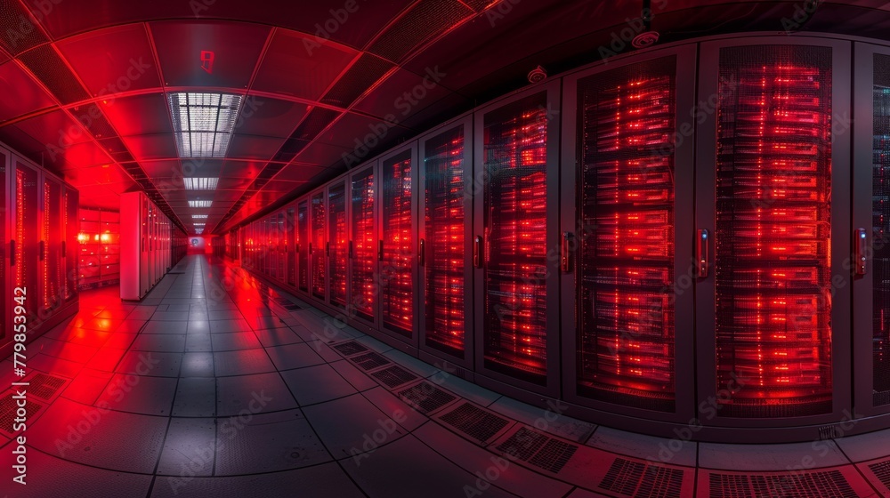 Poster Panorama shot of a working data center with rows of rack servers. Red emergency led lights are blinking and computers are working.