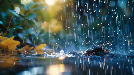 Raindrop Rhapsody: A Beetle's Perspective Under a Watery Veil in a Vibrant, Rain-Soaked World - obrazy, fototapety, plakaty