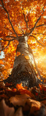 Majestic Golden Maple Tree Towering into Autumn Sky, Sunlight Filtering Through Vibrant Leaves