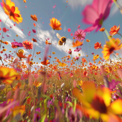 Bee Perspective Flying Through a Field of Wildflowers Under a Clear Blue Sky