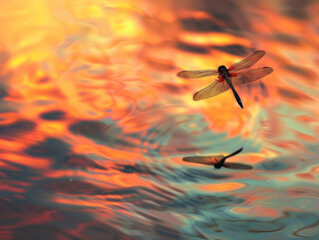 Dragonfly Hovering Over Water Ablaze with Sunset Colors in Serene Nature Scene