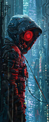 Cybernetic Sentinel in Neon Cityscape, Symbolizing Futuristic Protection and Surveillance