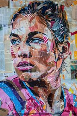 raffiti portrait of a female rugby player, her resolute expression highlighted by a meticulously crafted jersey of pink and blue stripes, formed entirely from colorful newspaper clippings