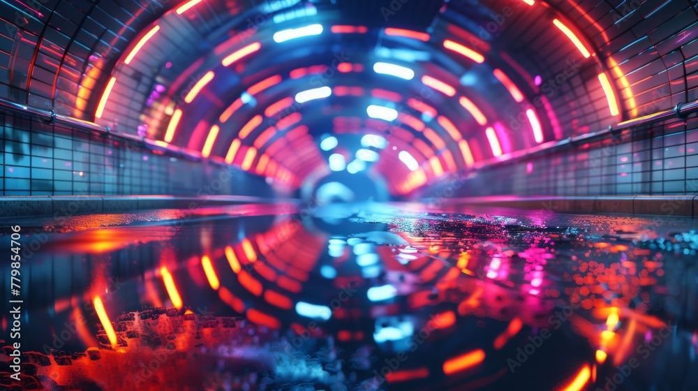 Aufkleber Detailed rendering of curved tunnel with glowing leds on the ceiling and a reflection from a puddle on the wet dark surface of the street. Concept for fast business technology, car advertising