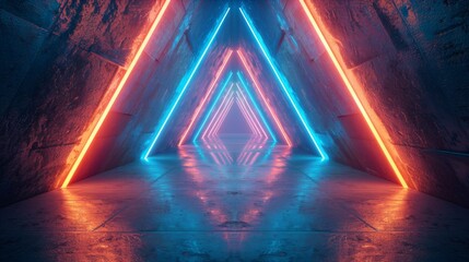 This is an image of a modern laser neon led pantone blue light with a glowing line of fluorescent lights in a tunnel, a triangle hall, and a concrete corridor that is empty and a show room with
