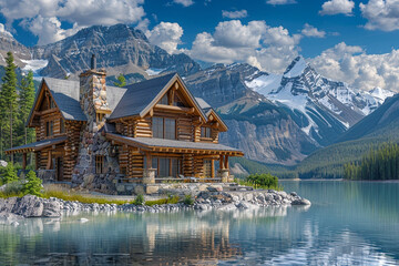 A Canadian craftsman house in the heart of the Rockies, made of logs and stone, with a backdrop of snow-capped mountains and a crystal-clear lake reflecting the vast sky. - obrazy, fototapety, plakaty