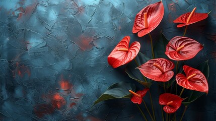   A painting featuring a red flower cluster against a blue and gray backdrop, with a solitary red blossom at the picture's center