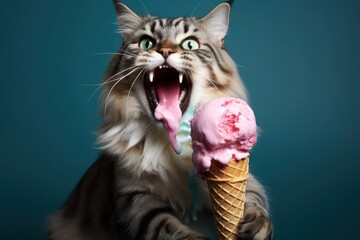 Happy opened mouth cat with ice cream on a colored background. Concept of summer heat....