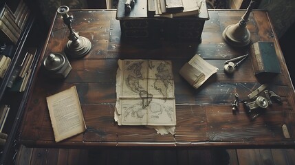 old quill pen with inkwell and papers on wooden desk against vintage bookcase. retro style.  - obrazy, fototapety, plakaty