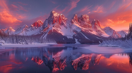  A painting of a mountain range with a lake in the foreground and a pink sky inhabited by clouds in the background - obrazy, fototapety, plakaty