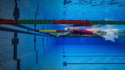 Female athlete swimming in the freestyle and making a flip turn to reverse direction in the pool, underwater wide.