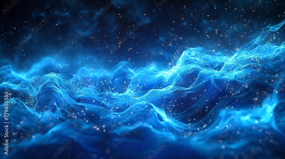 Aufkleber An abstract blue futuristic backdrop with a wave of digital particles in motion. 3D rendering.