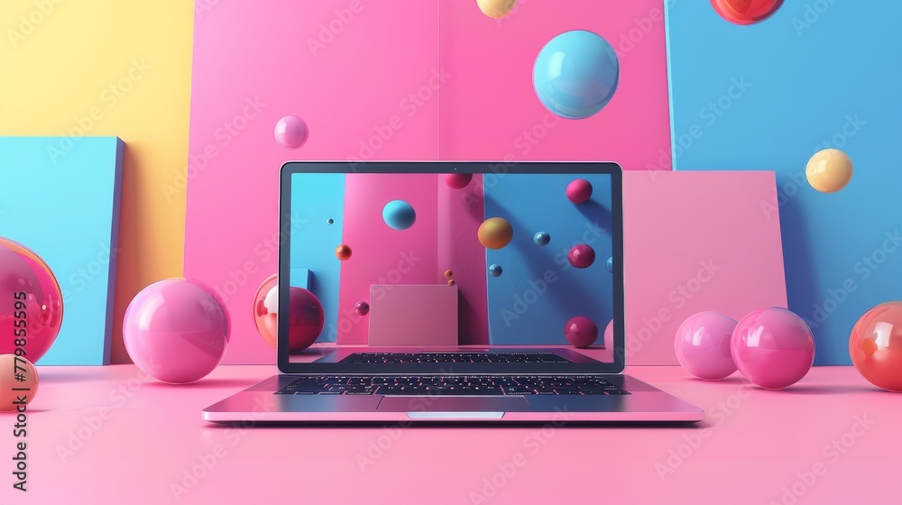 Poster Featured in 3D are a laptop and colorful graphic elements that advertise and promote a business.
